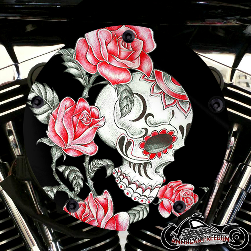 Harley Davidson High Flow Air Cleaner Cover - Roses And Skull